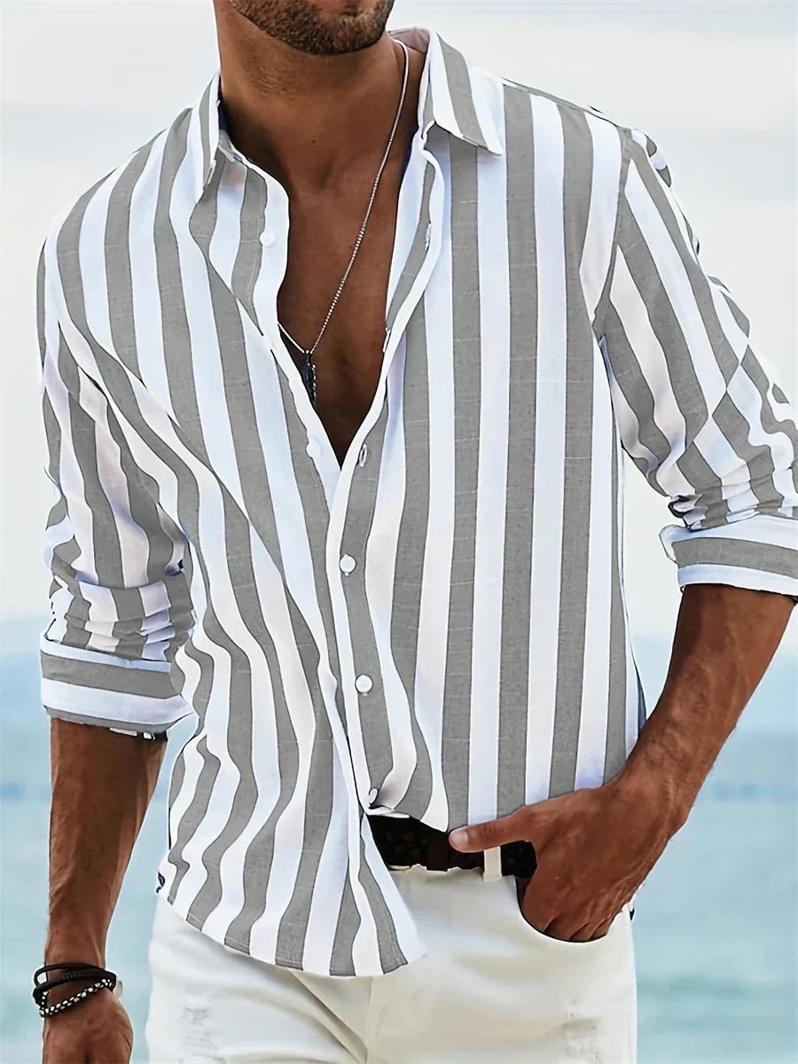 Men's Long Sleeve Striped Shirt - Light Grey