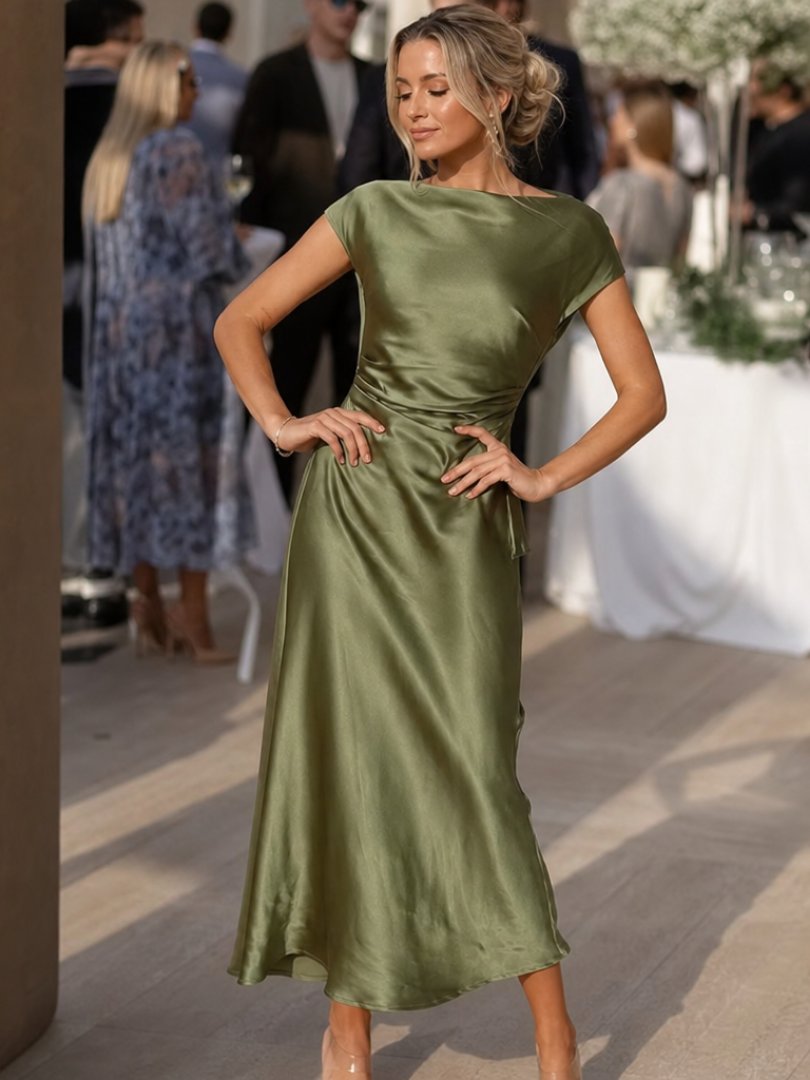 Women's Cap-Sleeve Satin Midi Dress - Green