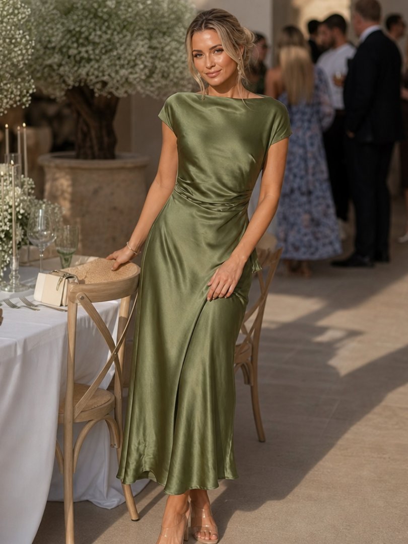 Women's Cap-Sleeve Satin Midi Dress
