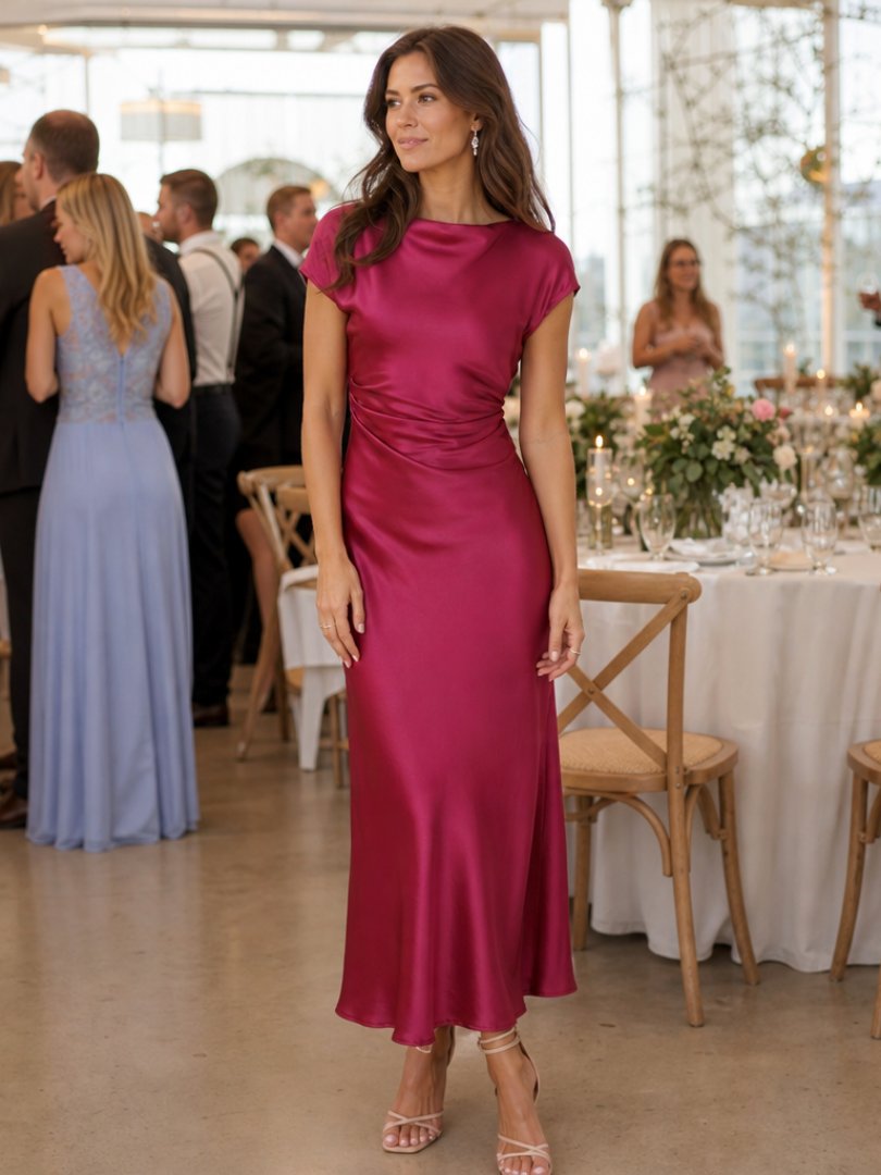 Women's Cap-Sleeve Satin Midi Dress - Burgundy