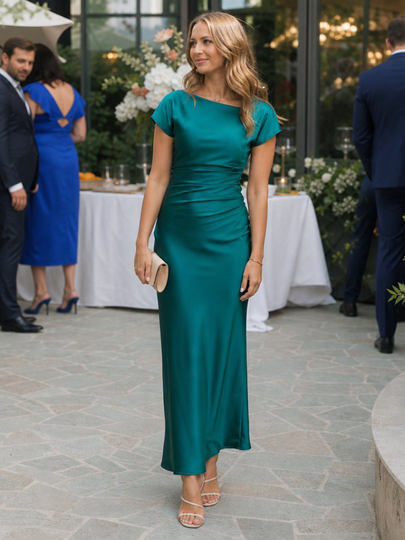 Women's Cap-Sleeve Satin Midi Dress - Dark green