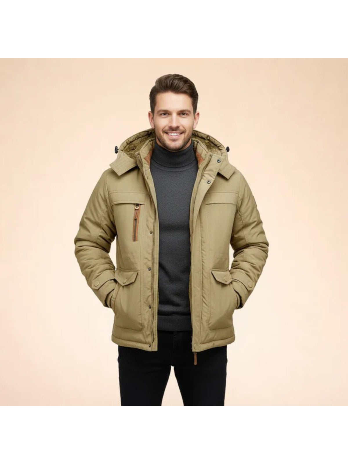 Men's Hooded Insulated Nylon Parka - Khaki
