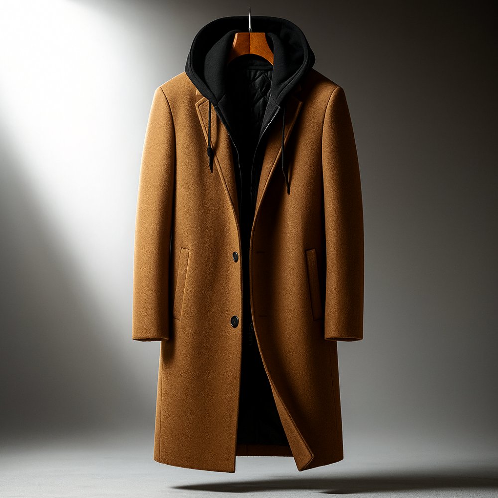 Men's Wool Blend Hooded Overcoat - Brown