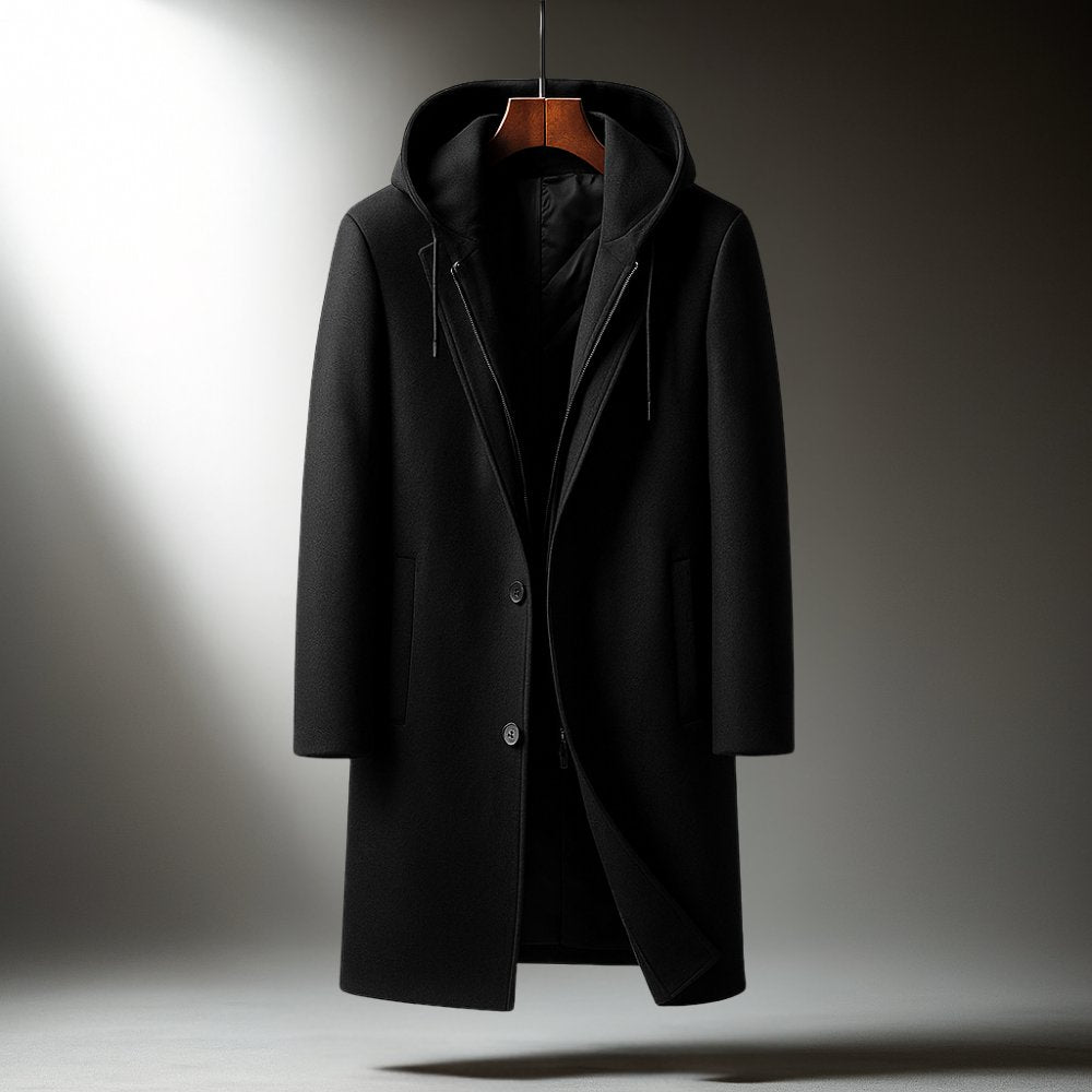 Men's Wool Blend Hooded Overcoat - Black