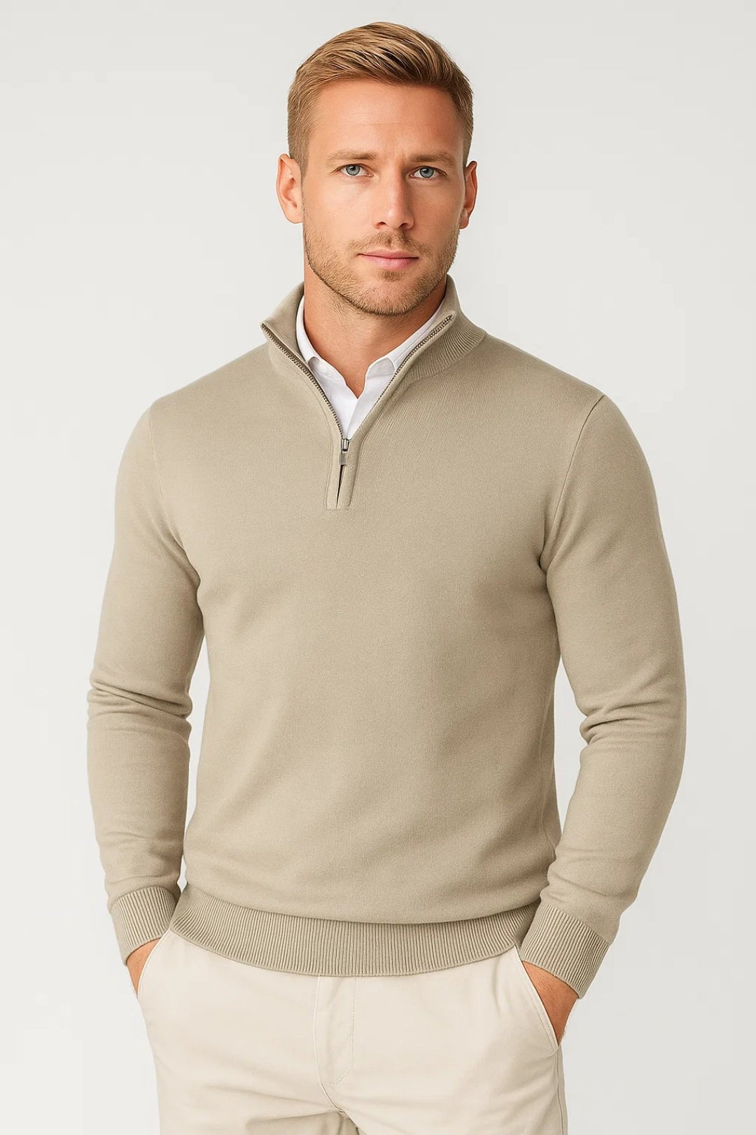 Men's Slim Quarter-Zip Jumper - Beige