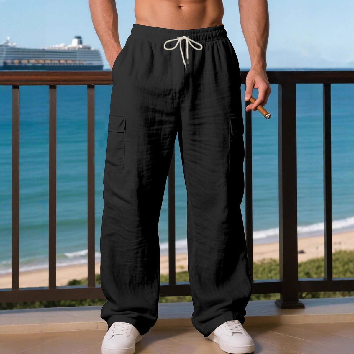 Men's Wide-Leg Linen Cargo Trousers