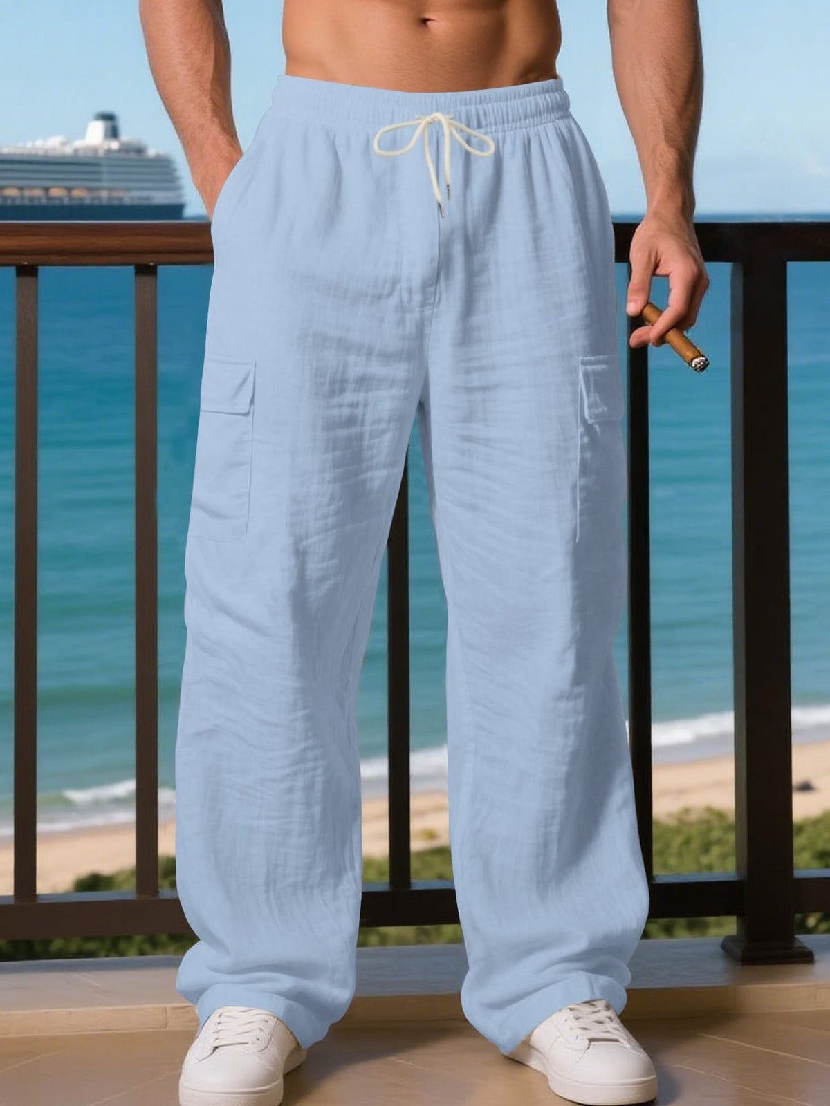 Men's Wide-Leg Linen Cargo Trousers - Light Blue