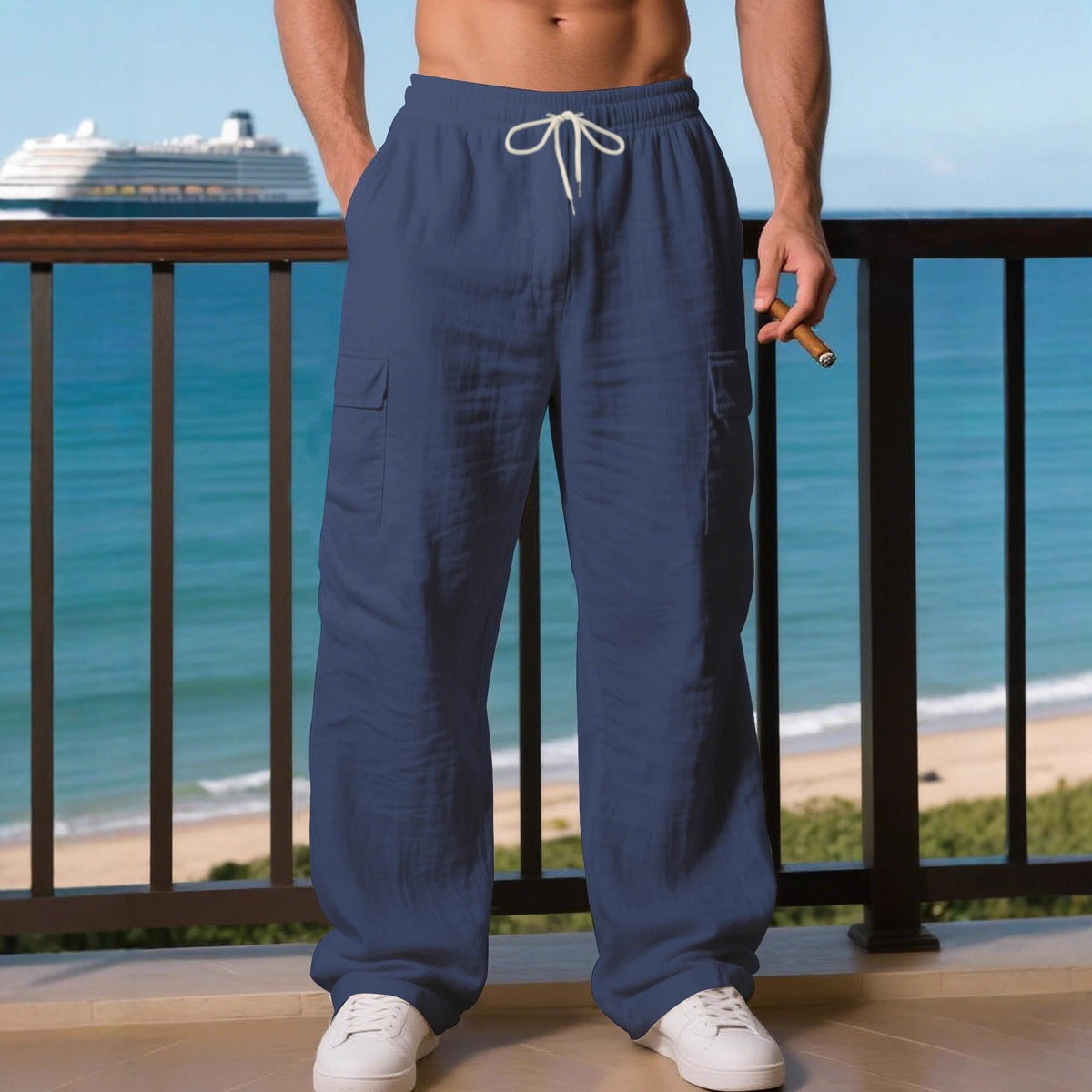 Men's Wide-Leg Linen Cargo Trousers
