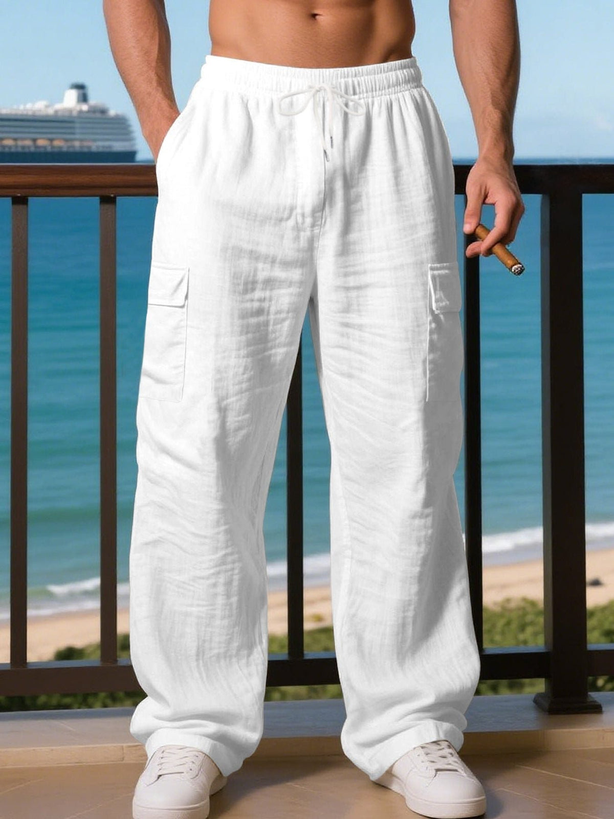 Men's Wide-Leg Linen Cargo Trousers - White