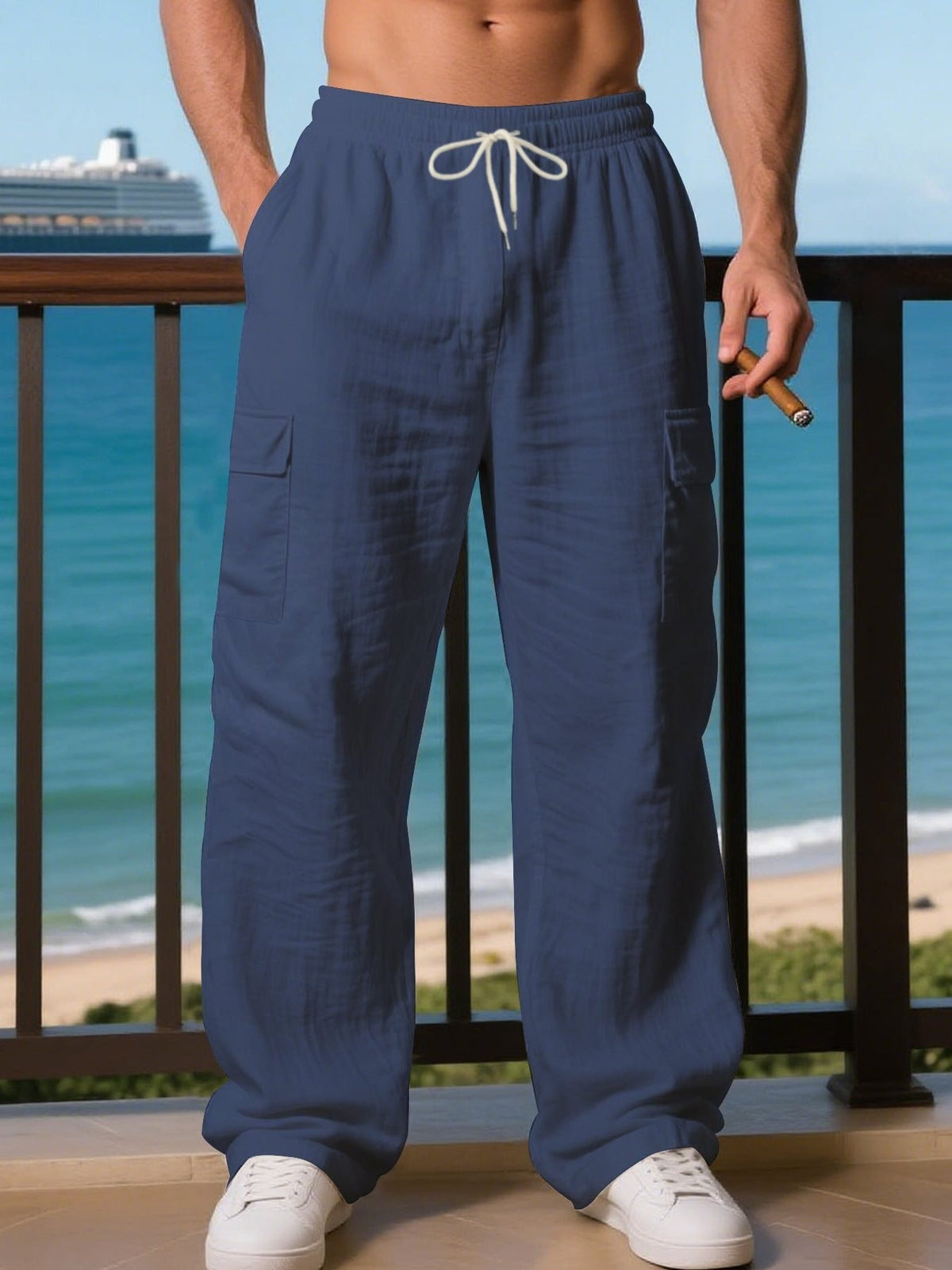 Men's Wide-Leg Linen Cargo Trousers - Navy Blue