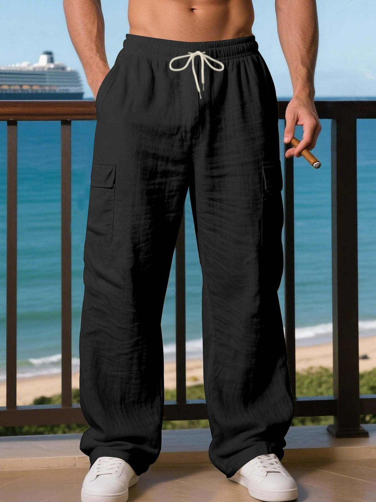 Men's Wide-Leg Linen Cargo Trousers - Black