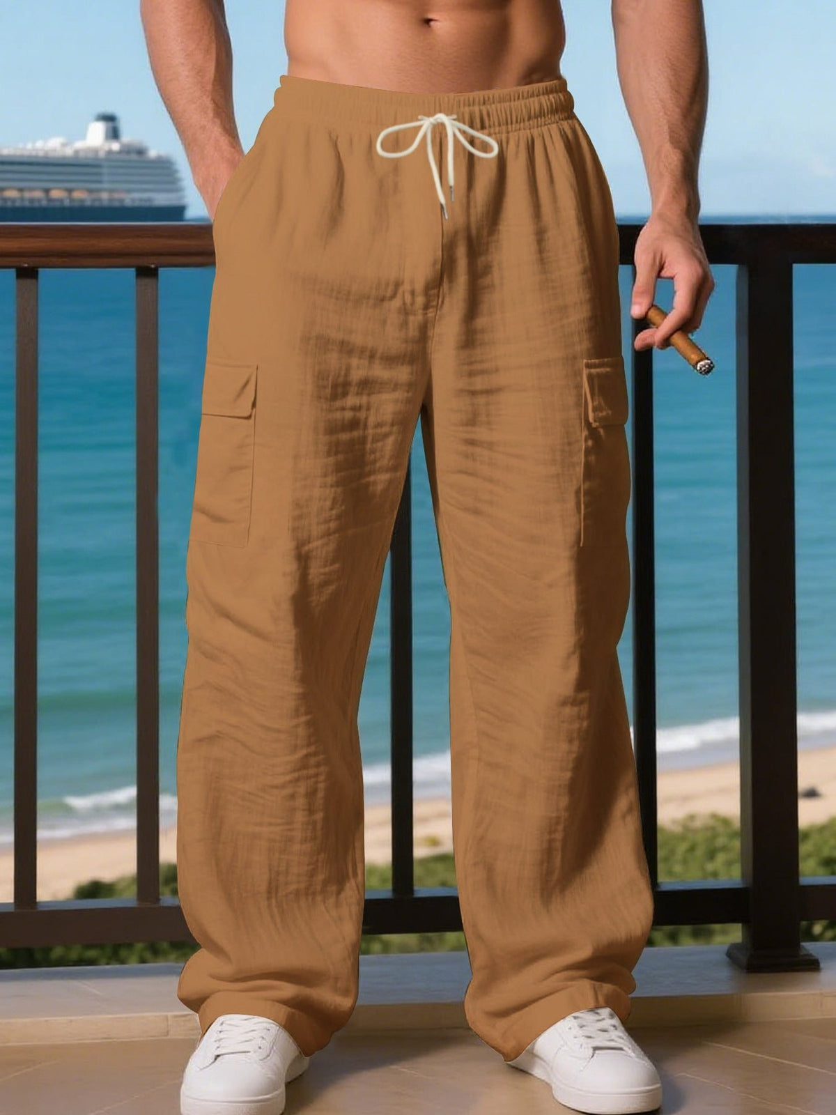 Men's Wide-Leg Linen Cargo Trousers - Brown