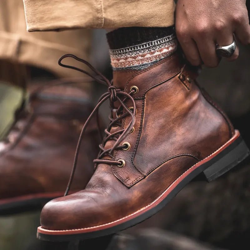 Men's Leather Combat Boots - Brown