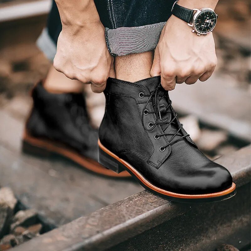 Men's Leather Combat Boots - Black