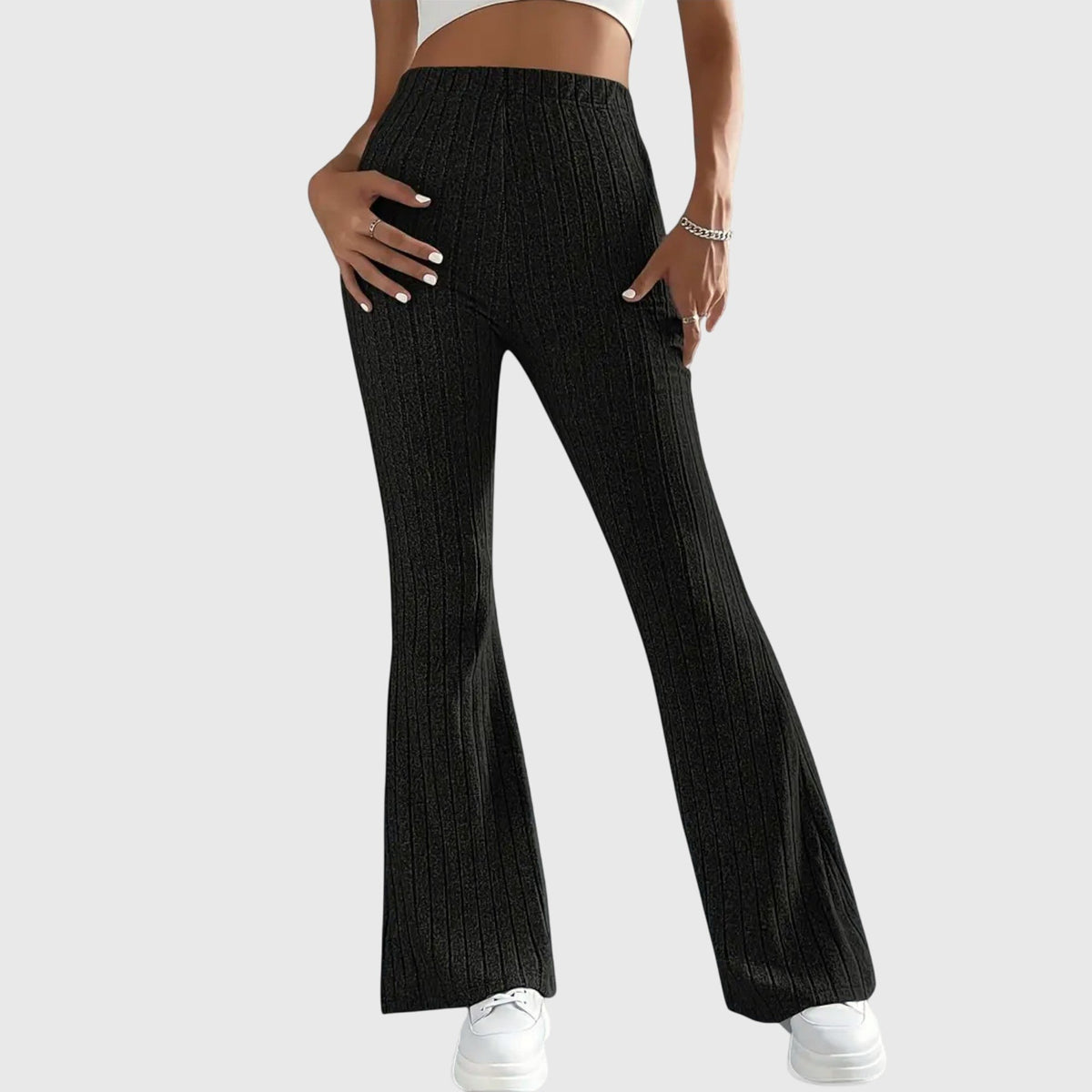 Women's Ribbed Knit Flared Trousers - Black