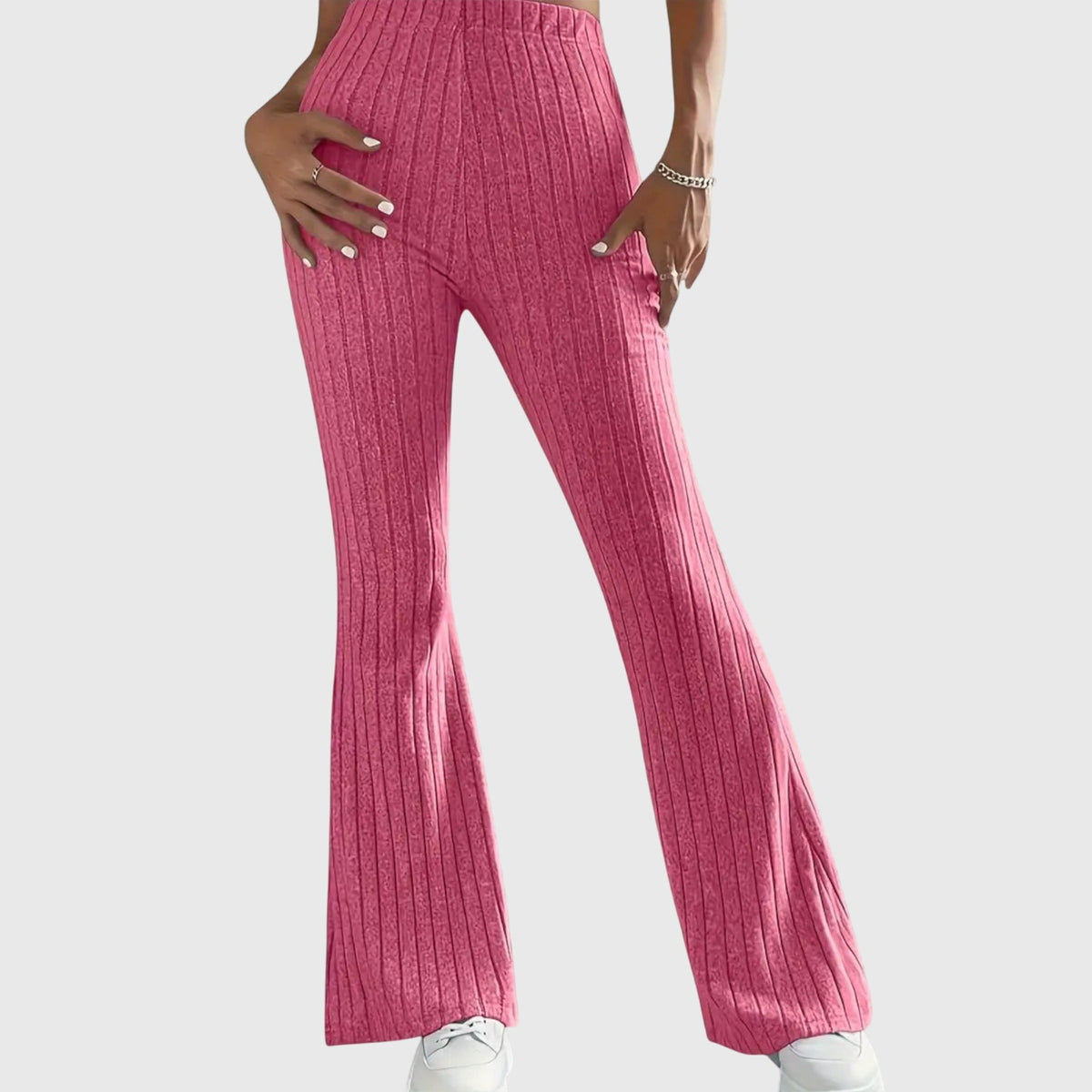 Women's Ribbed Knit Flared Trousers - Pink