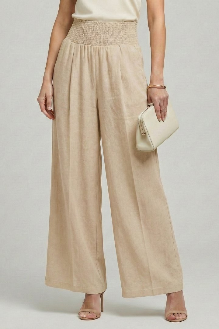 Women's High-Waisted Linen Wide-Leg Trousers - Khaki
