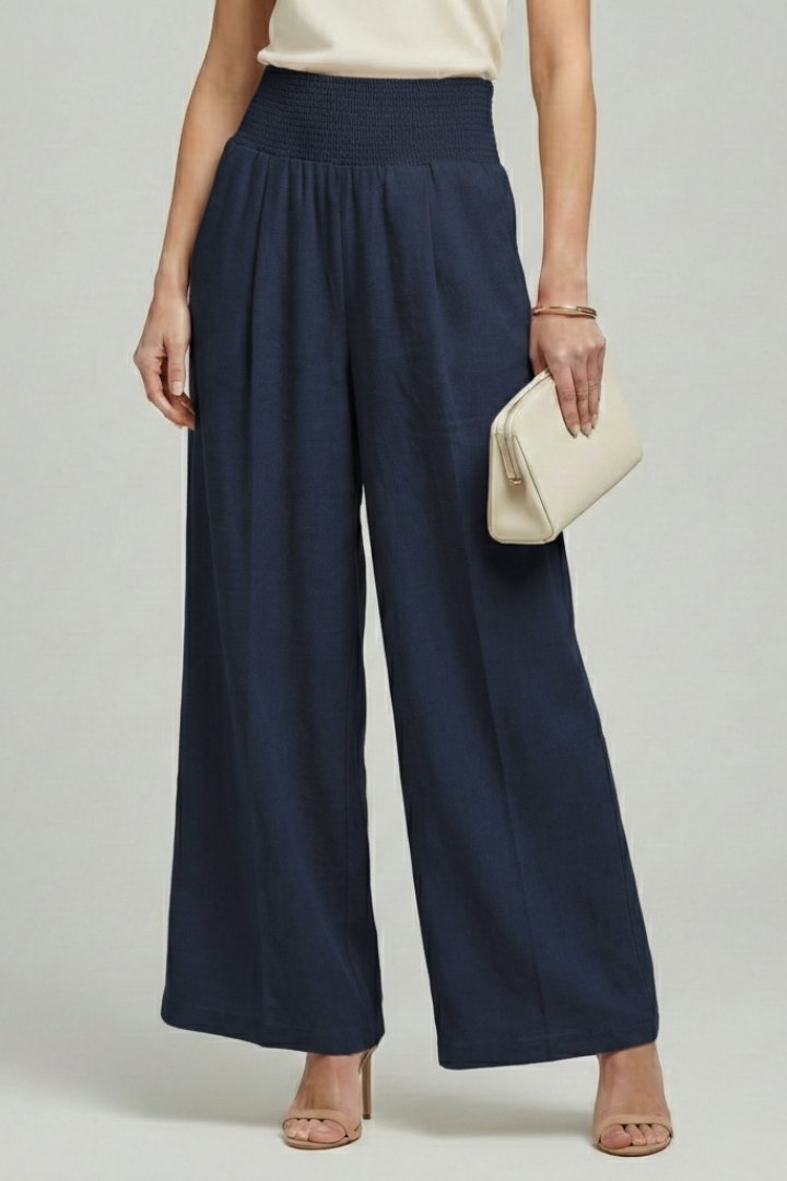 Women's High-Waisted Linen Wide-Leg Trousers - Dark Blue