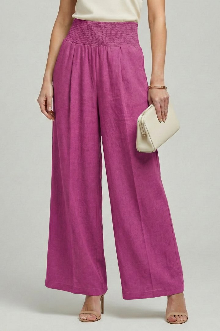 Women's High-Waisted Linen Wide-Leg Trousers - Pink