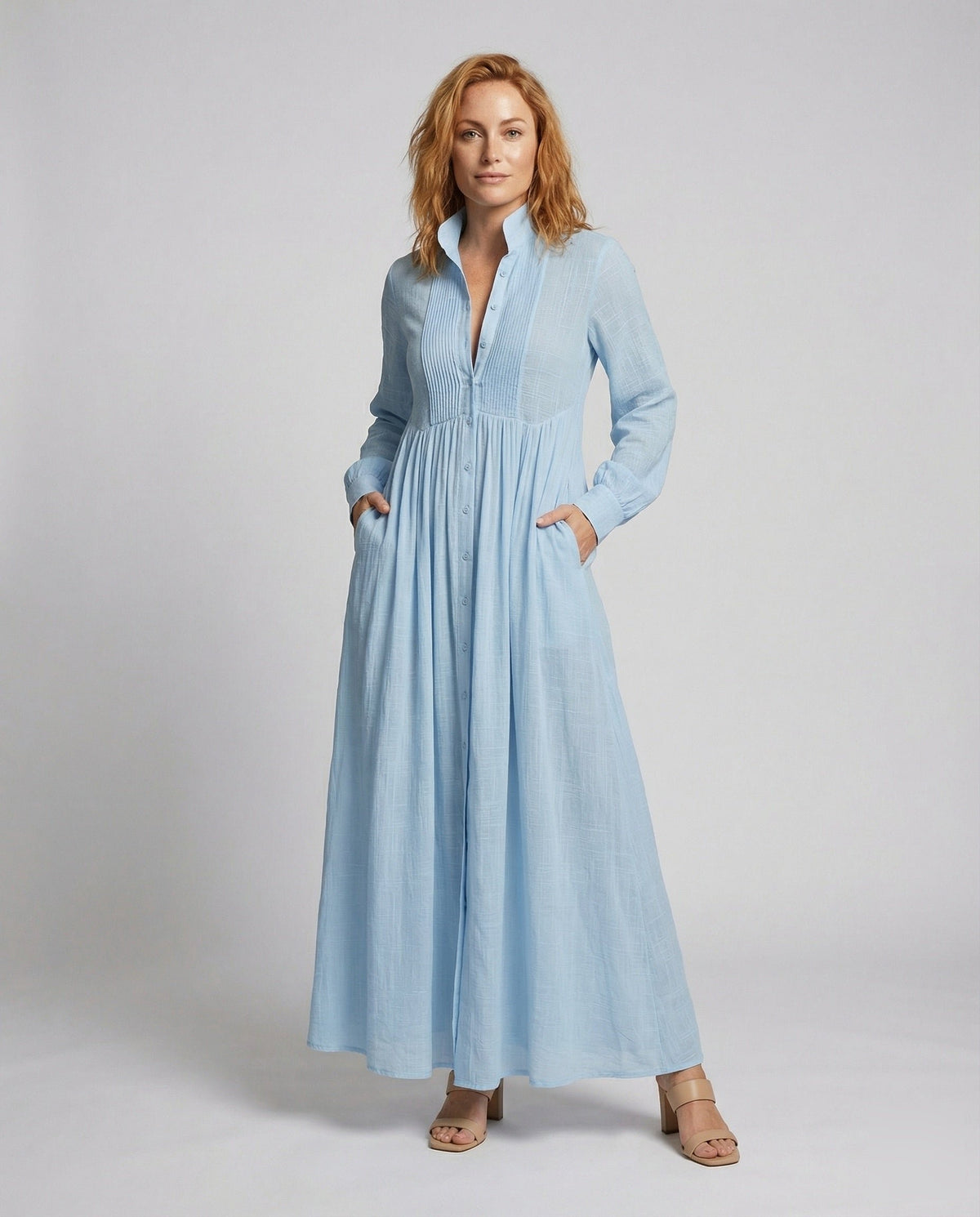 Women's Long Sleeve Button-Front Maxi Shirt Dress