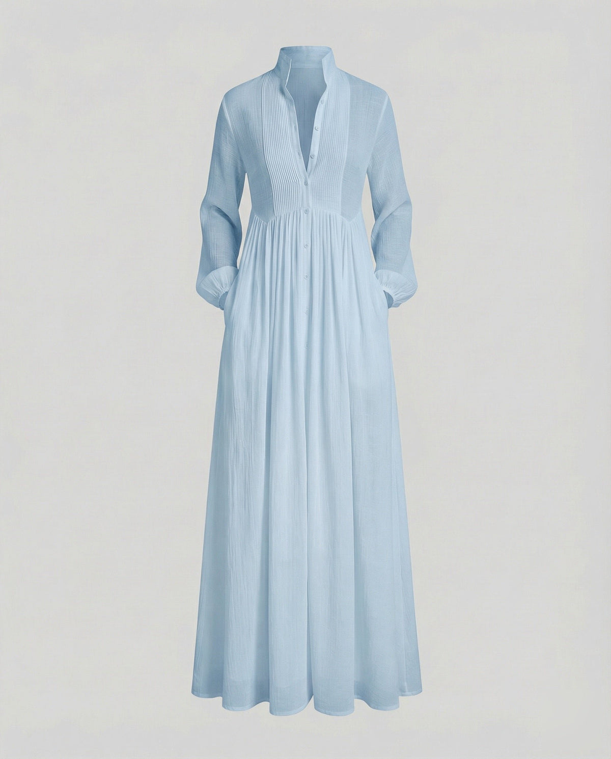 Women's Long Sleeve Button-Front Maxi Shirt Dress - Light Blue