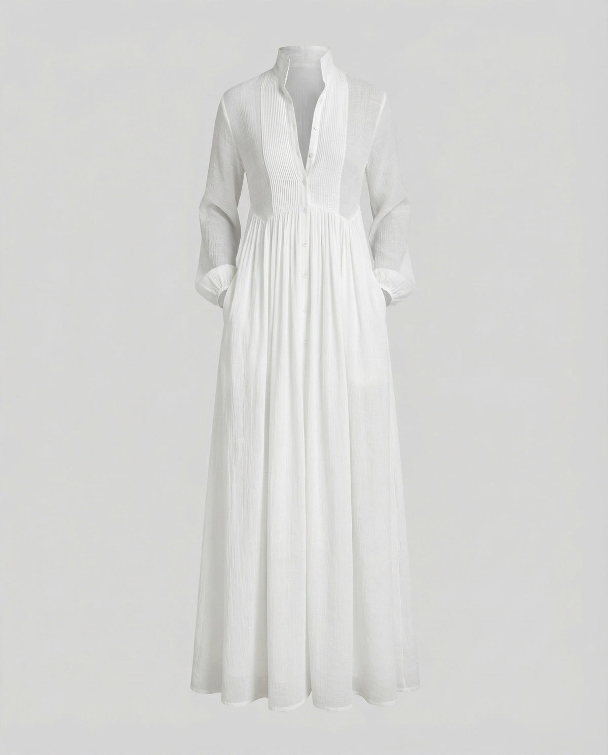 Women's Long Sleeve Button-Front Maxi Shirt Dress - White