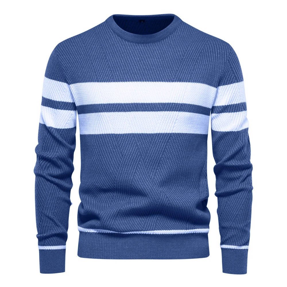 Men's Striped Crew Neck Jumper - Dark Blue