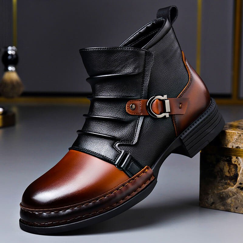Men's Two-Tone Leather Ankle Boots - Cognac Brown