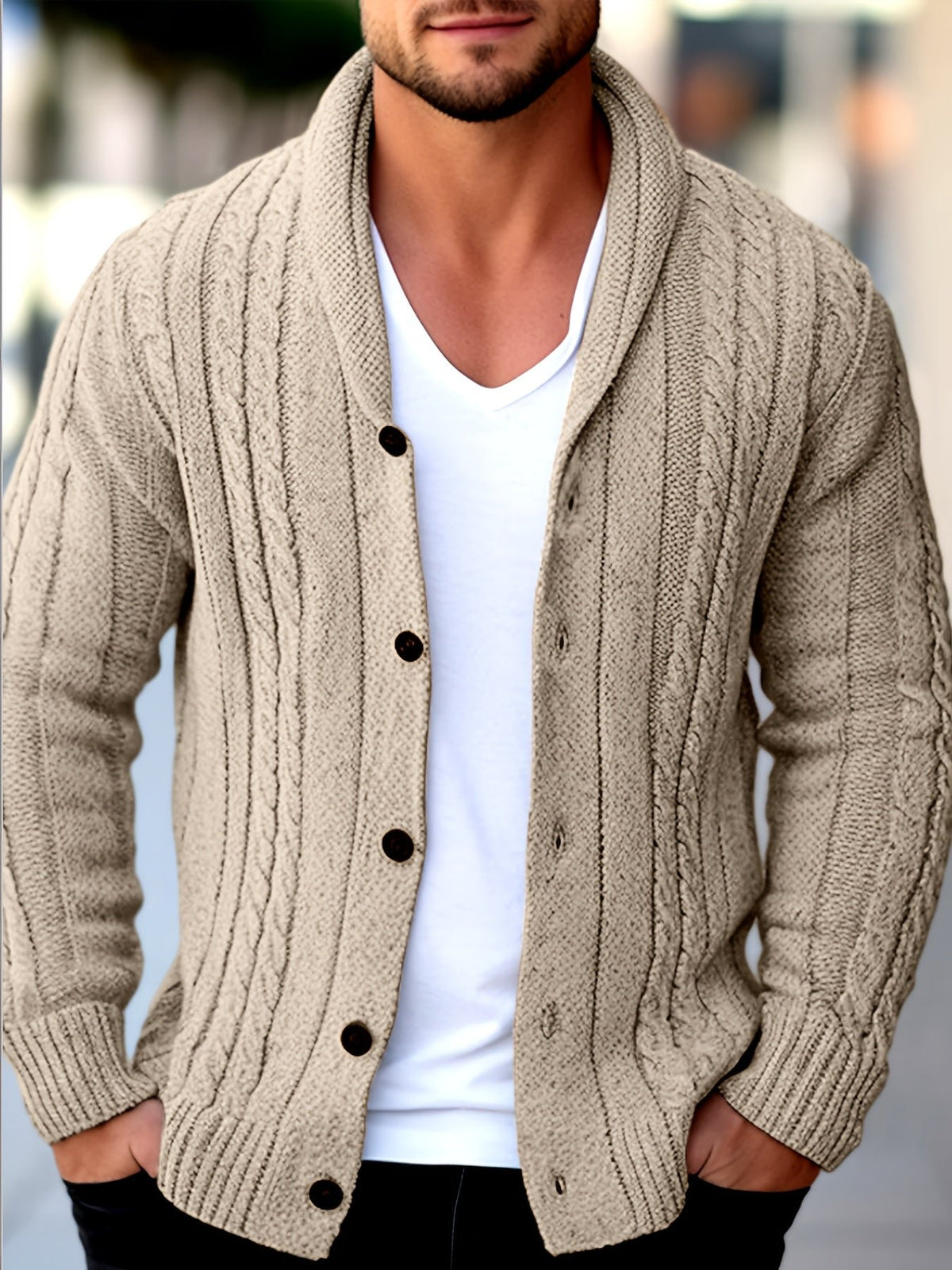 Men's Shawl Collar Cardigan - Beige