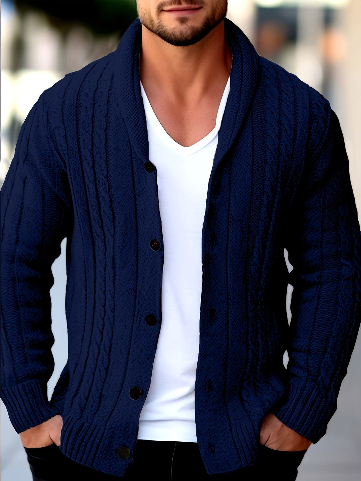 Men's Shawl Collar Cardigan - Navy Blue