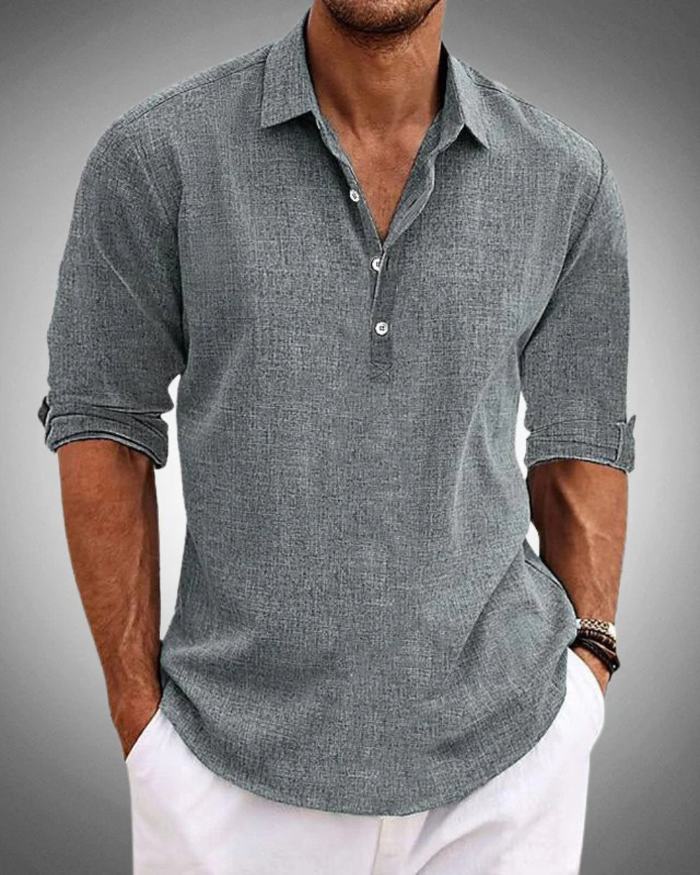 Men's Long Sleeve Henley Shirt - Gray