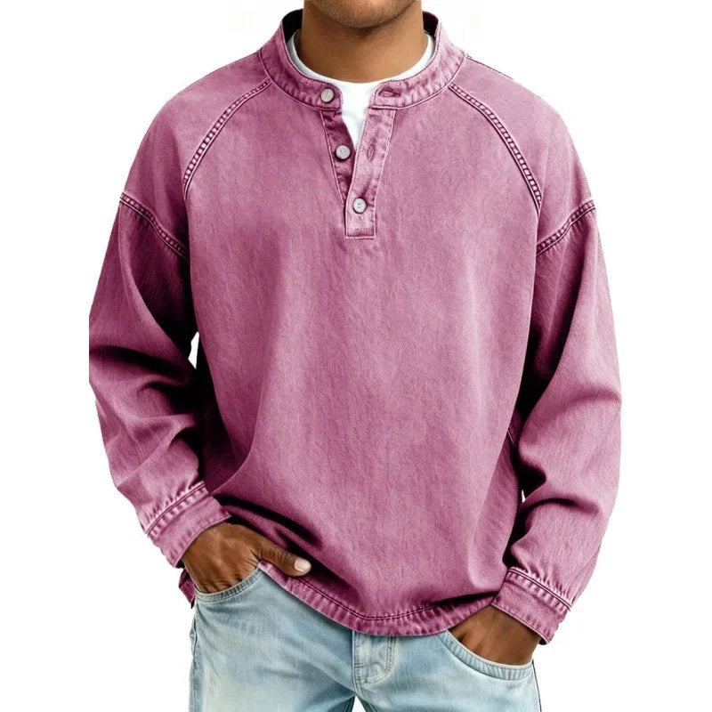 Men's Oversized Denim Henley - Pink