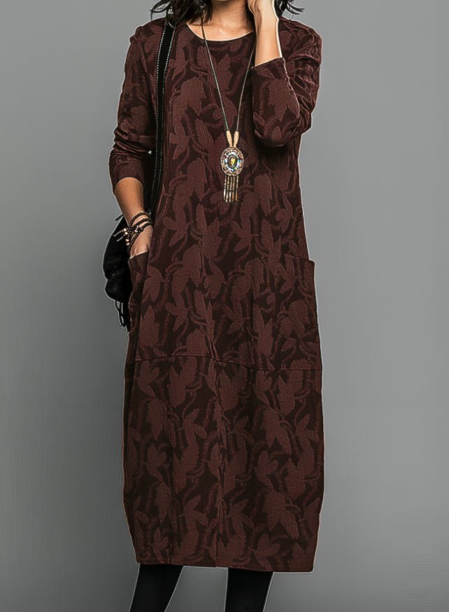 Women's Long Sleeve Floral Midi Dress - Brown