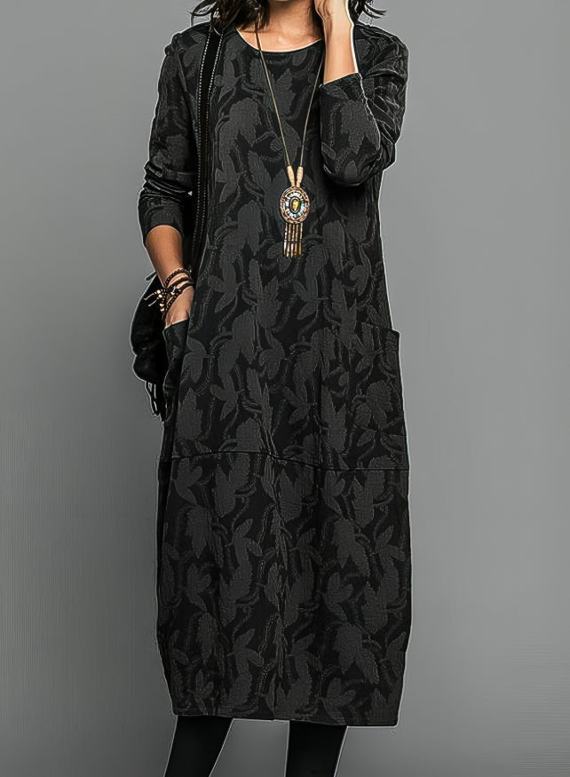 Women's Long Sleeve Floral Midi Dress - Black