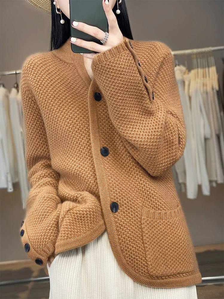 Women's Wool Waffle-Knit Cardigan - Camel