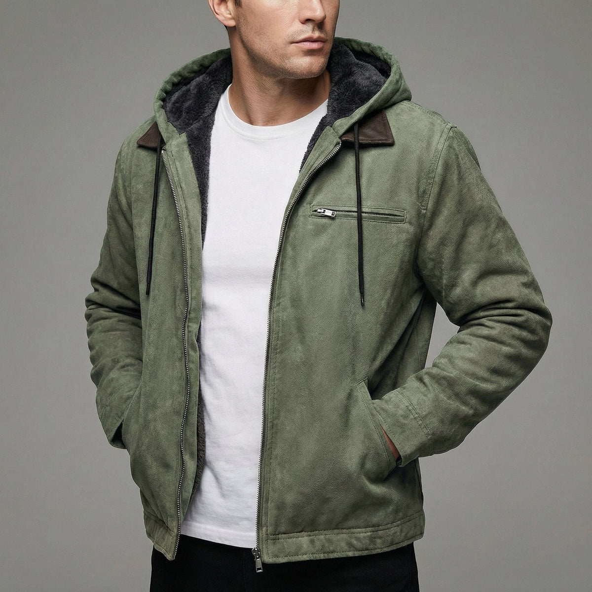 Men's Faux Suede Hooded Jacket - Green
