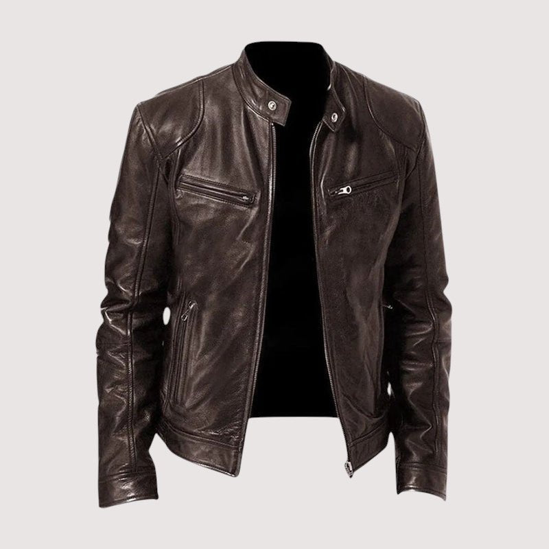Men's Slim Fit Leather Moto Jacket - Dark brown