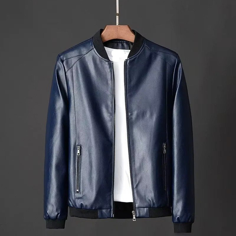 Men's Faux Leather Bomber Jacket - Blue