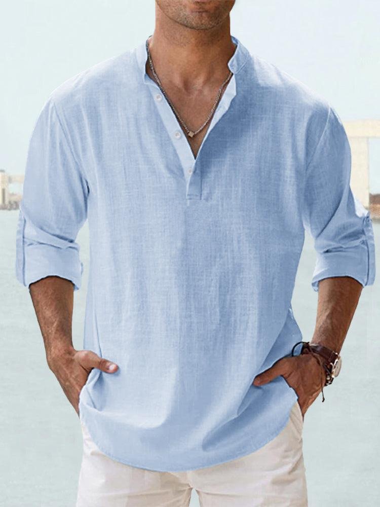 Men's Long Sleeve Beach Henley Shirt - Blue