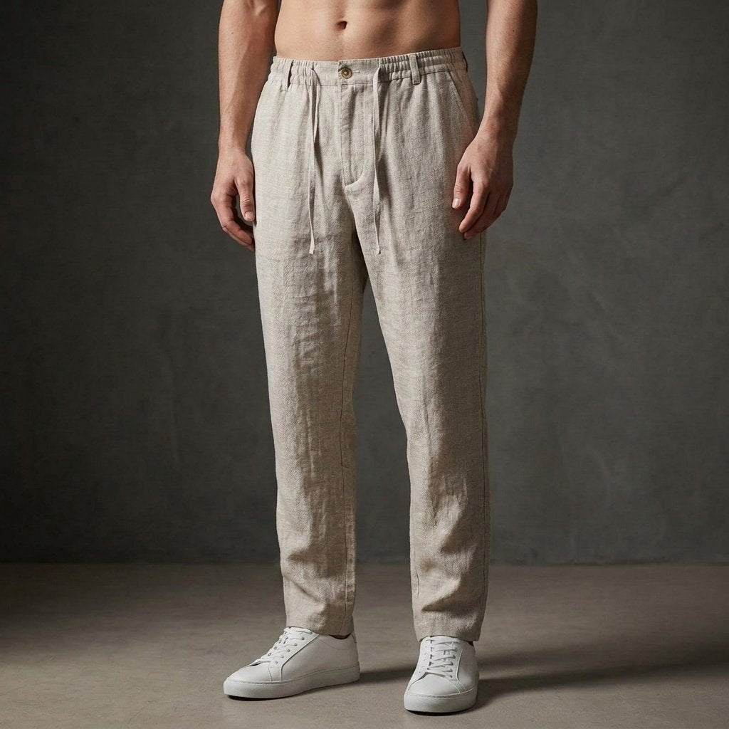 Men's Linen Drawstring Trousers - Beige