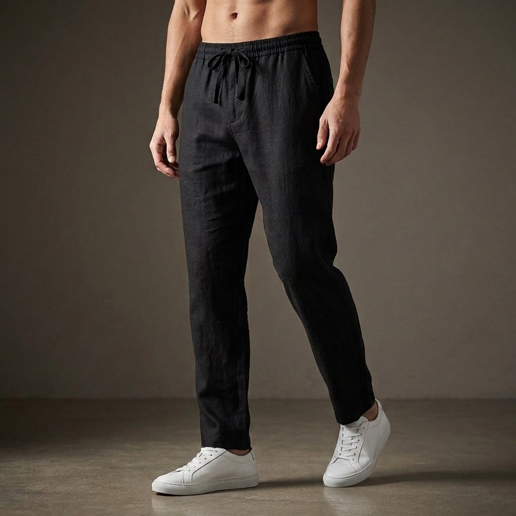 Men's Linen Drawstring Trousers - Black