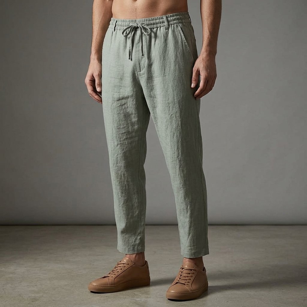 Men's Linen Drawstring Trousers - Green