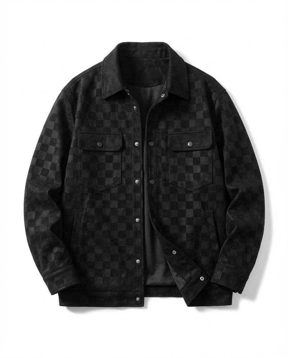 Men's Checkerboard Suede Shacket - Black