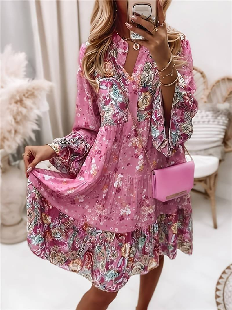 Women's Long Sleeve Floral Chiffon Mini Dress - Pink