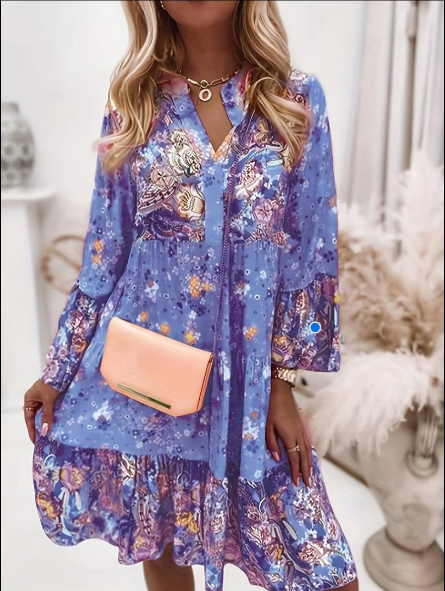 Women's Long Sleeve Floral Chiffon Mini Dress