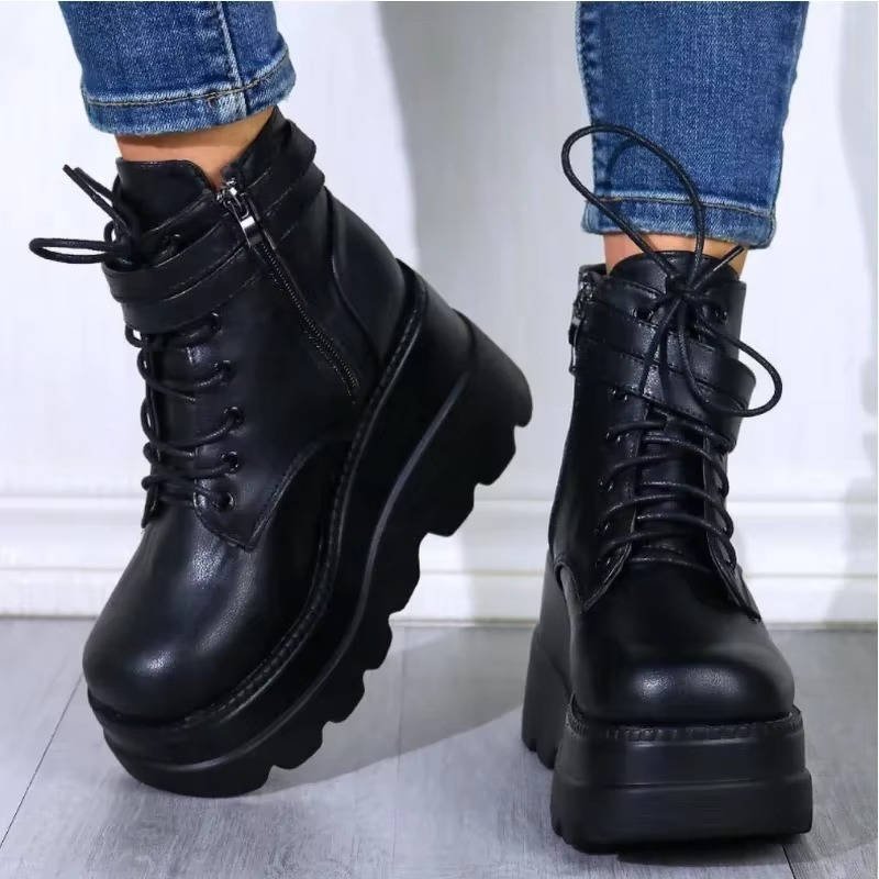 Women's Faux Leather Platform Combat Ankle Boots
