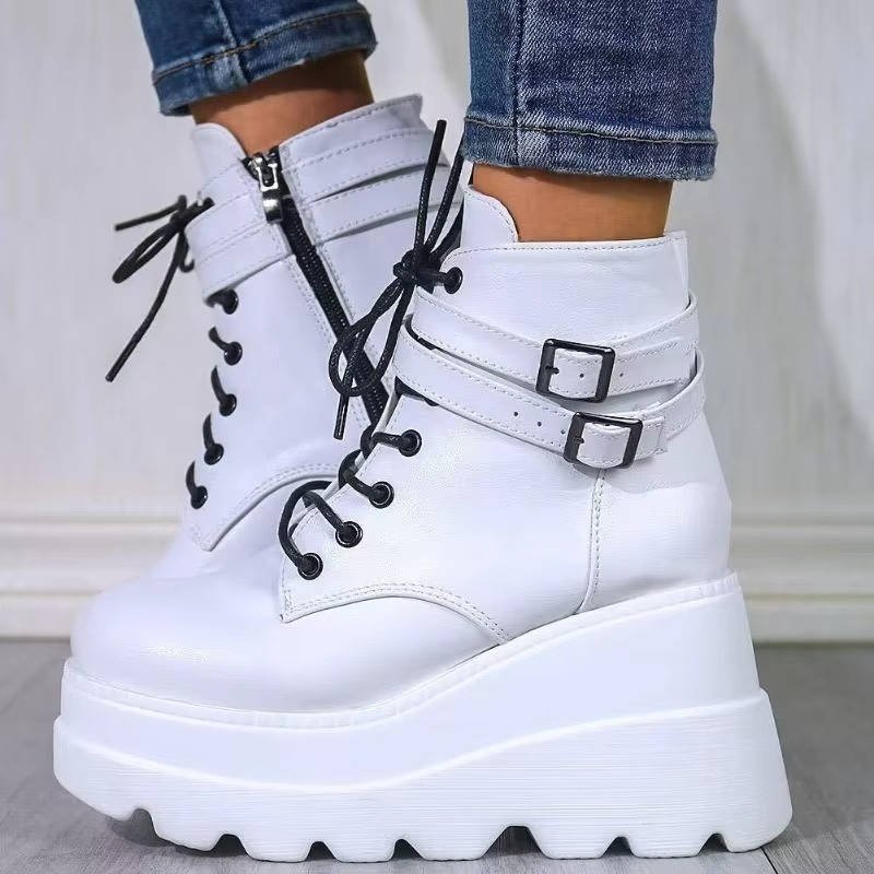 Women's Faux Leather Platform Combat Ankle Boots - White