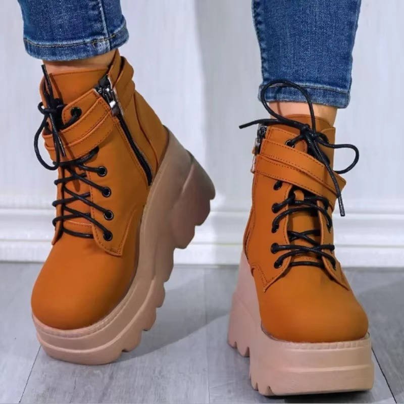 Women's Faux Leather Platform Combat Ankle Boots - Brown