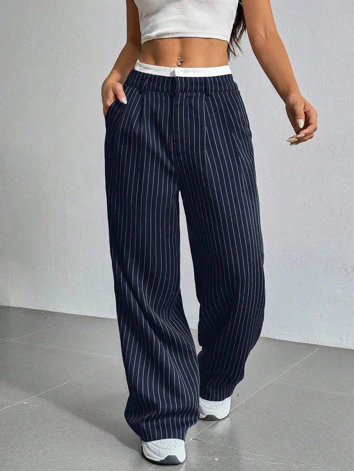 Women's High-Waisted Wide-Leg Pinstripe Trousers - Marine Blue
