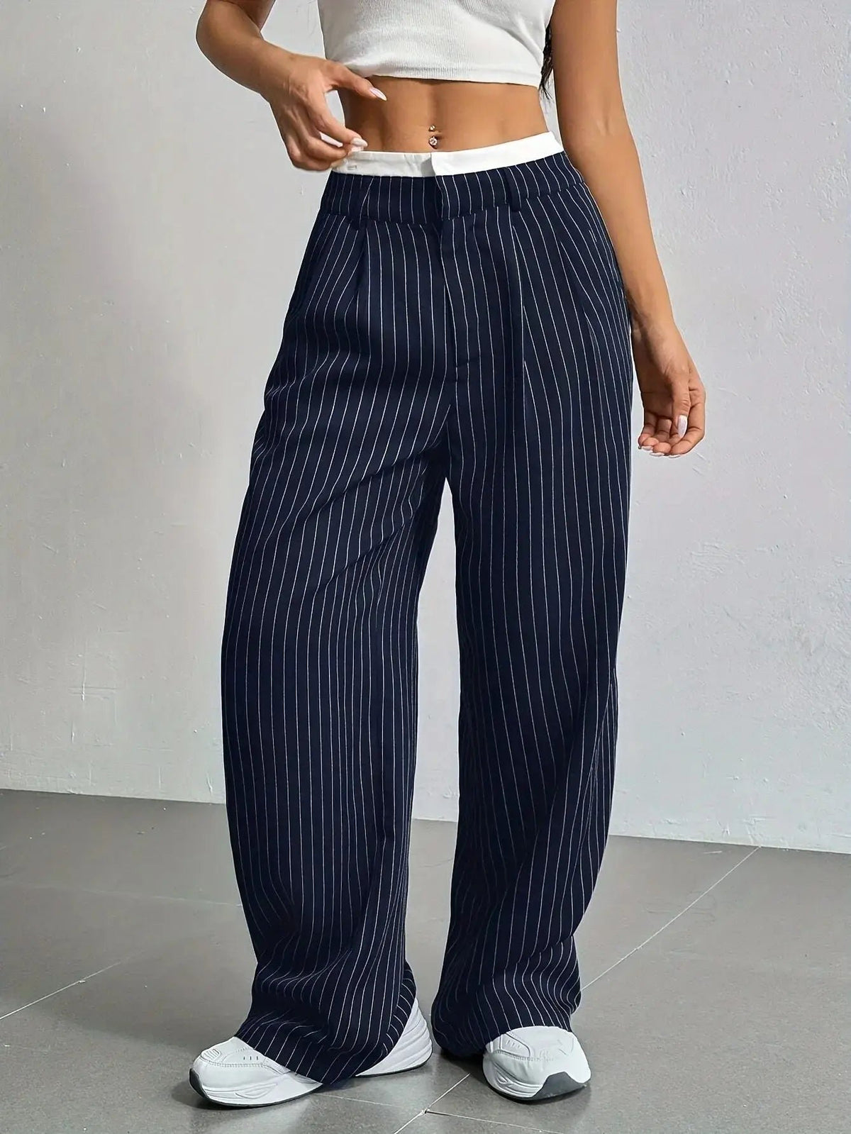 Women's High-Waisted Wide-Leg Pinstripe Trousers